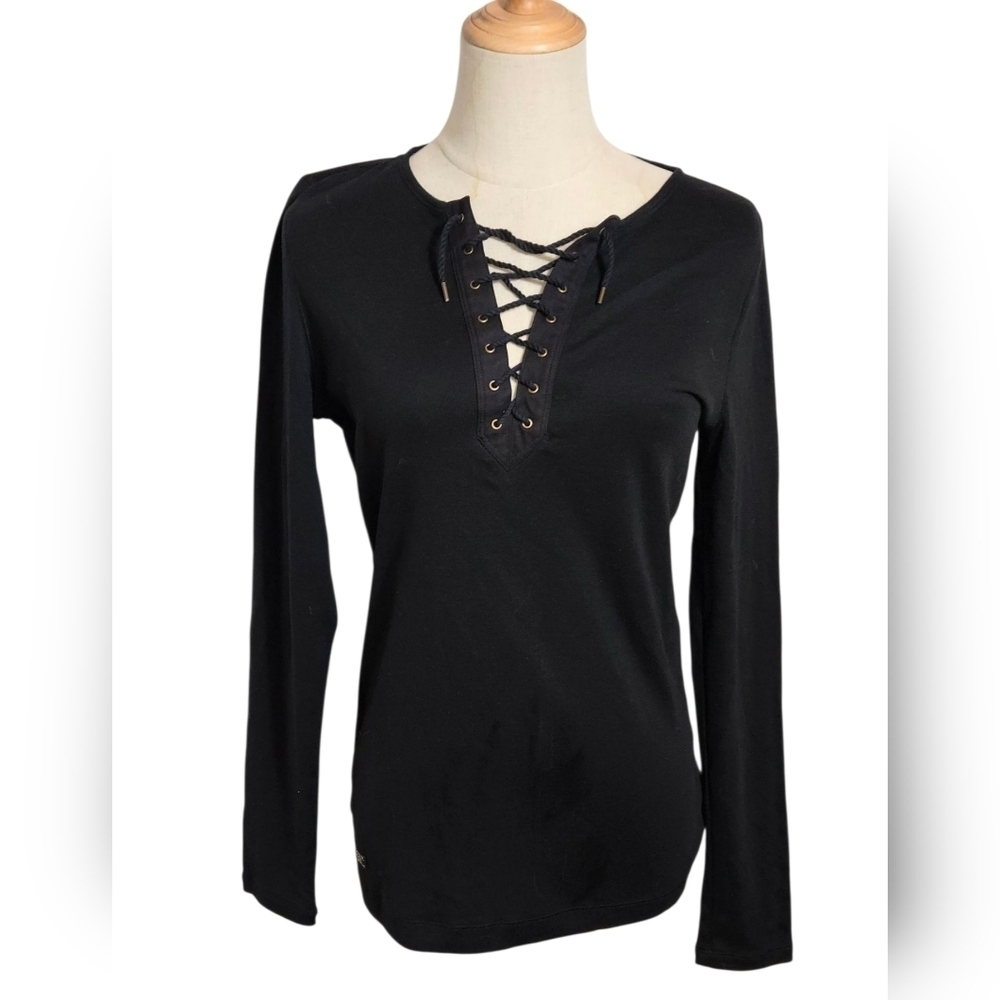 Lauren Ralph Lauren Black Lace-Up Long Sleeve Blouse NWT